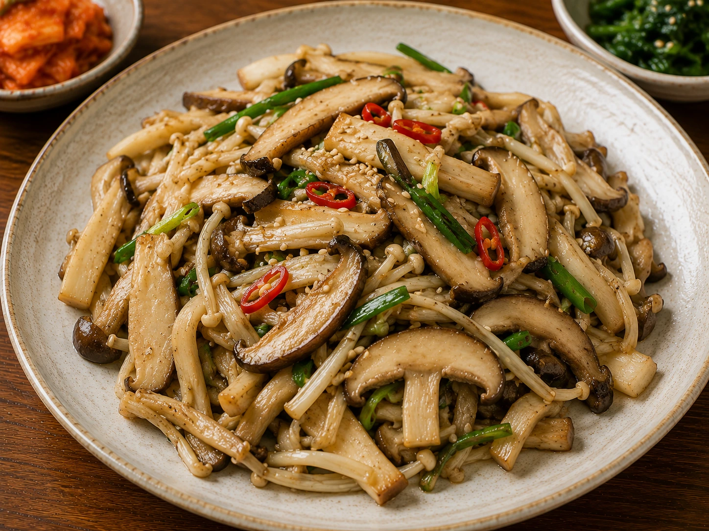 Beoseot Bokkeum, korean stir-fried mushrooms served as Korean home cooking