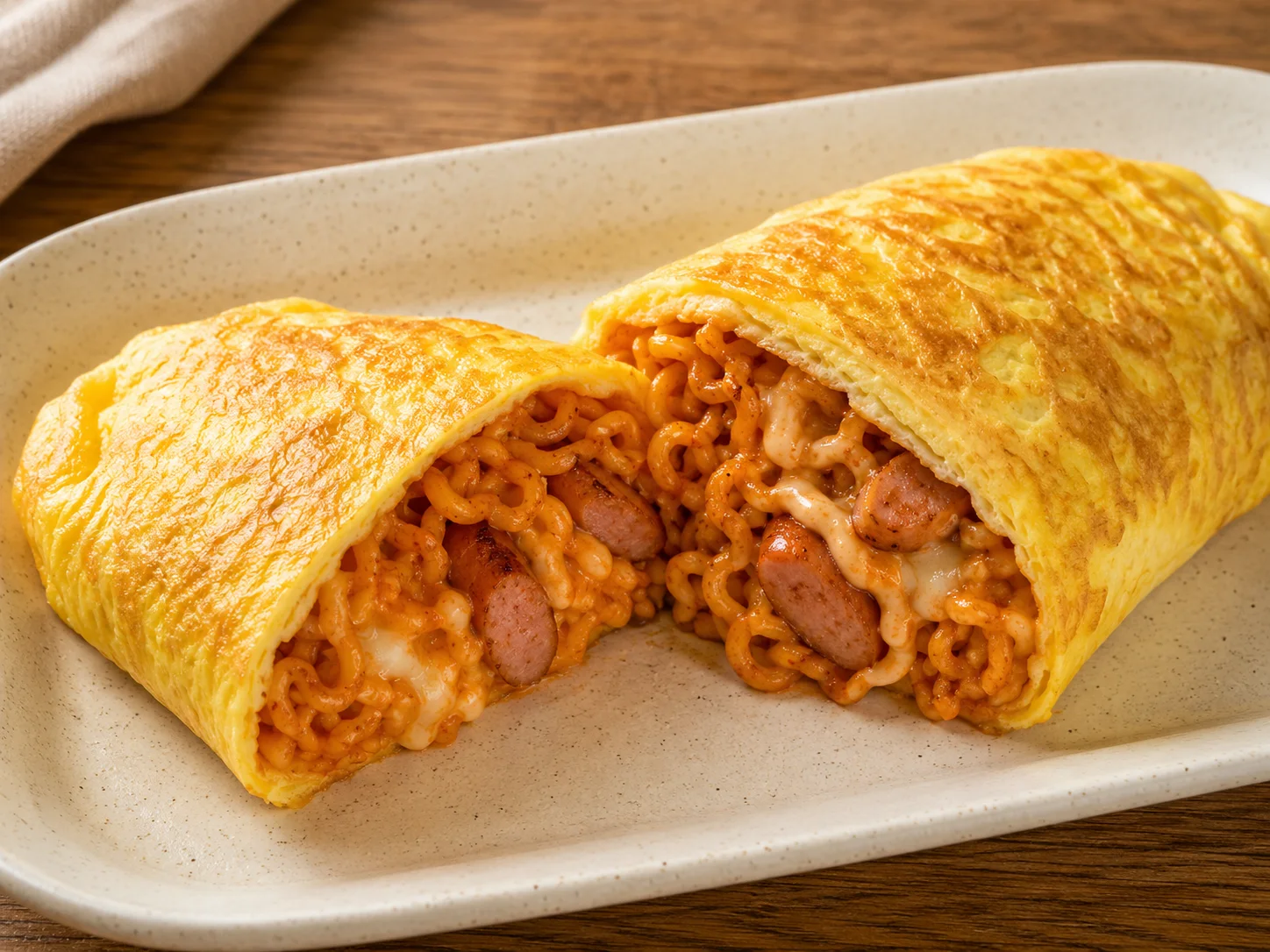 Two large halves of a golden Buldak Omelette on a cream ceramic plate, showing spicy noodles, browned sausage, creamy sauce, and melted cheese inside