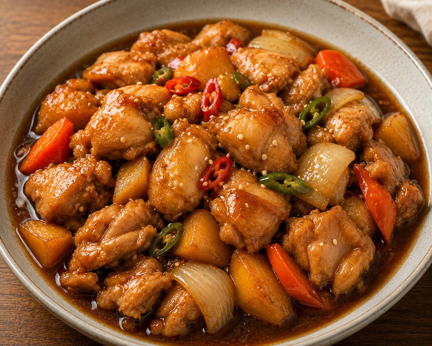 Dak Jorim, korean soy-braised chicken served as Korean home cooking