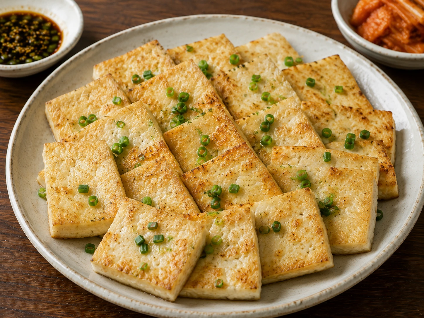 Golden pan-fried Dubu Buchim tofu slices with green onion and a soy-vinegar dipping sauce