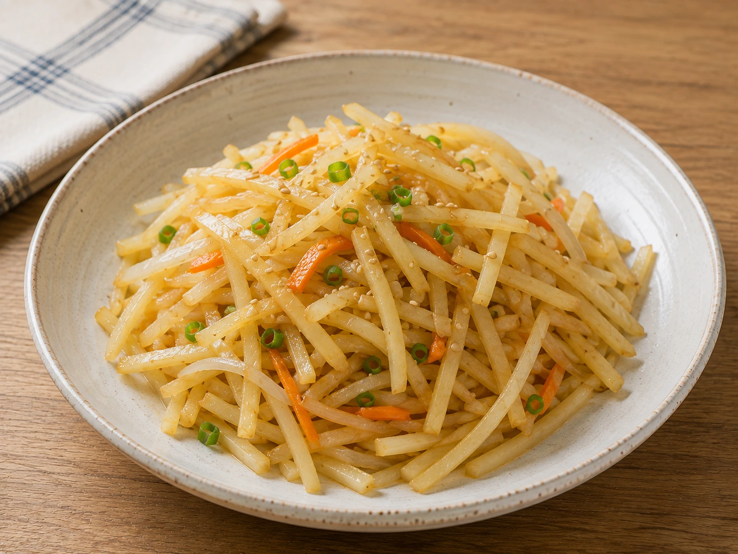 Gamja Bokkeum, korean stir-fried potatoes with sautéed onion and carrot