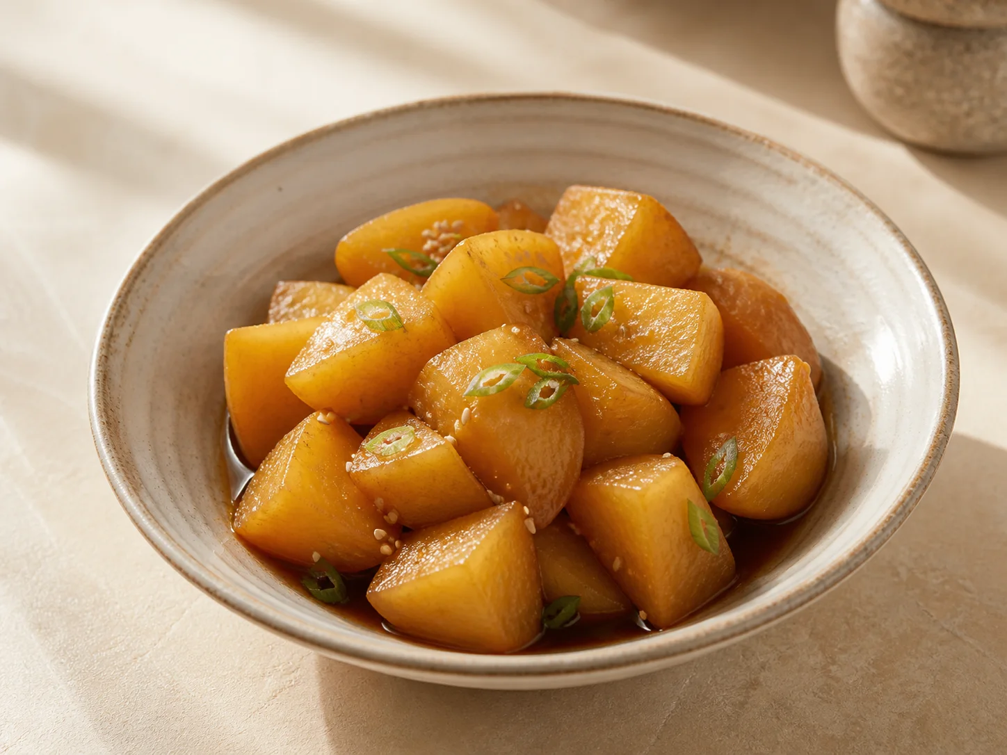 Gamja Jorim, Korean soy-braised potatoes served in a ceramic bowl