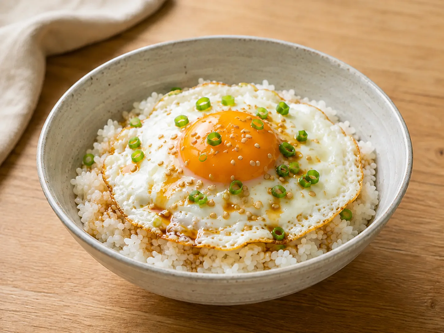 Gyeran Bap, korean egg rice served in a hot stone bowl with a runny yolk