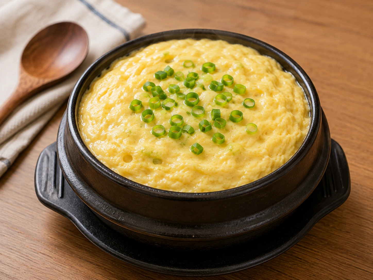 Gyeran Jjim, korean steamed eggs in a hot stone bowl with green onion and sesame seeds