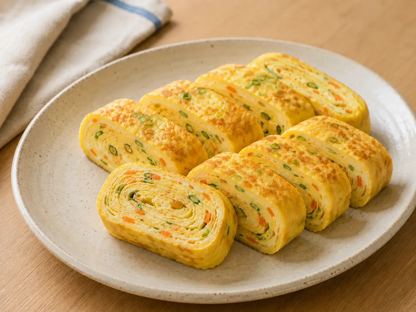 Sliced Gyeran Mari rolled omelet with visible egg layers, carrot, and green onion on a ceramic plate