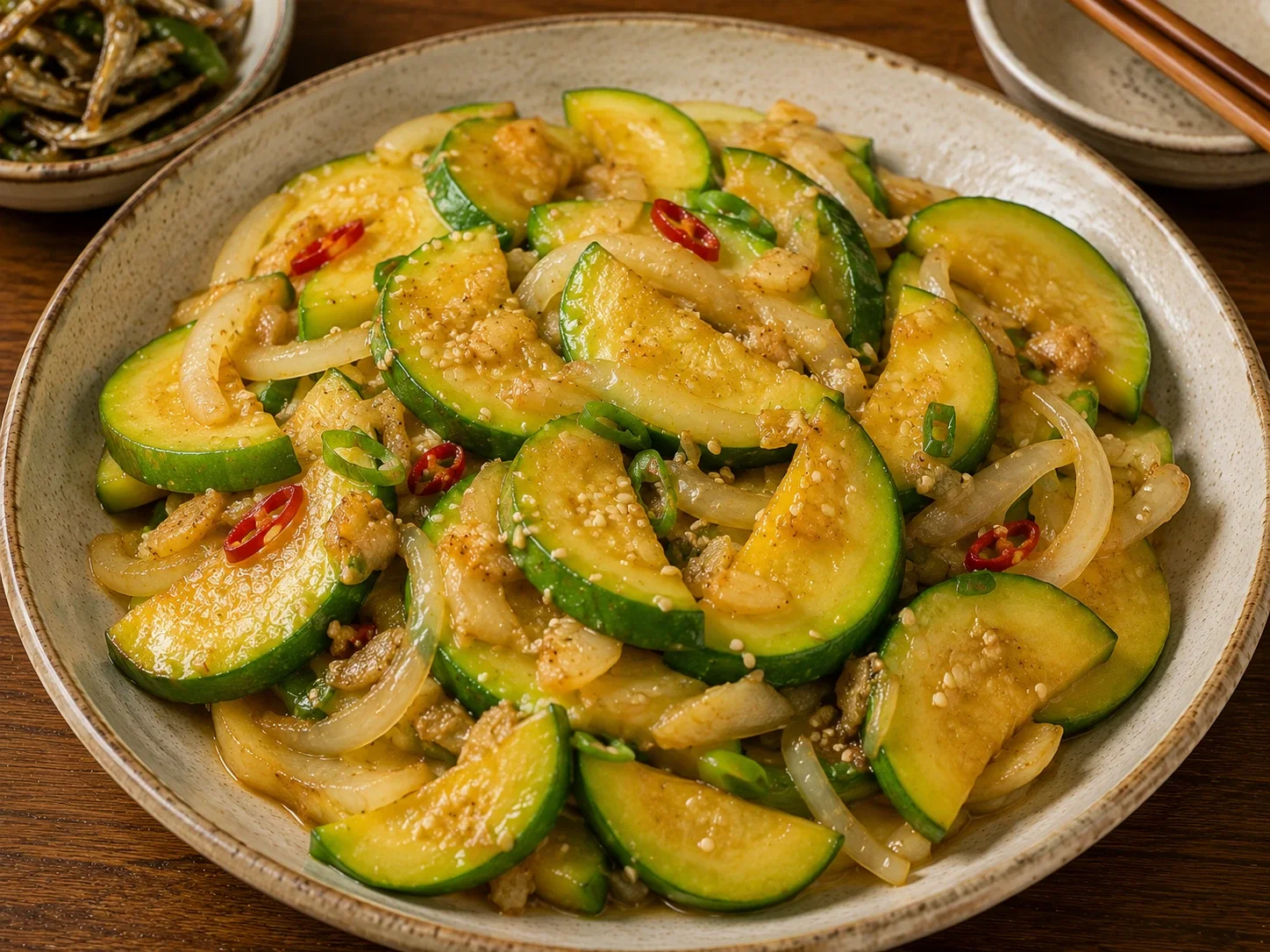 Hobak Bokkeum stir-fried zucchini with onion, green and red chile, and sesame seeds in a ceramic bowl