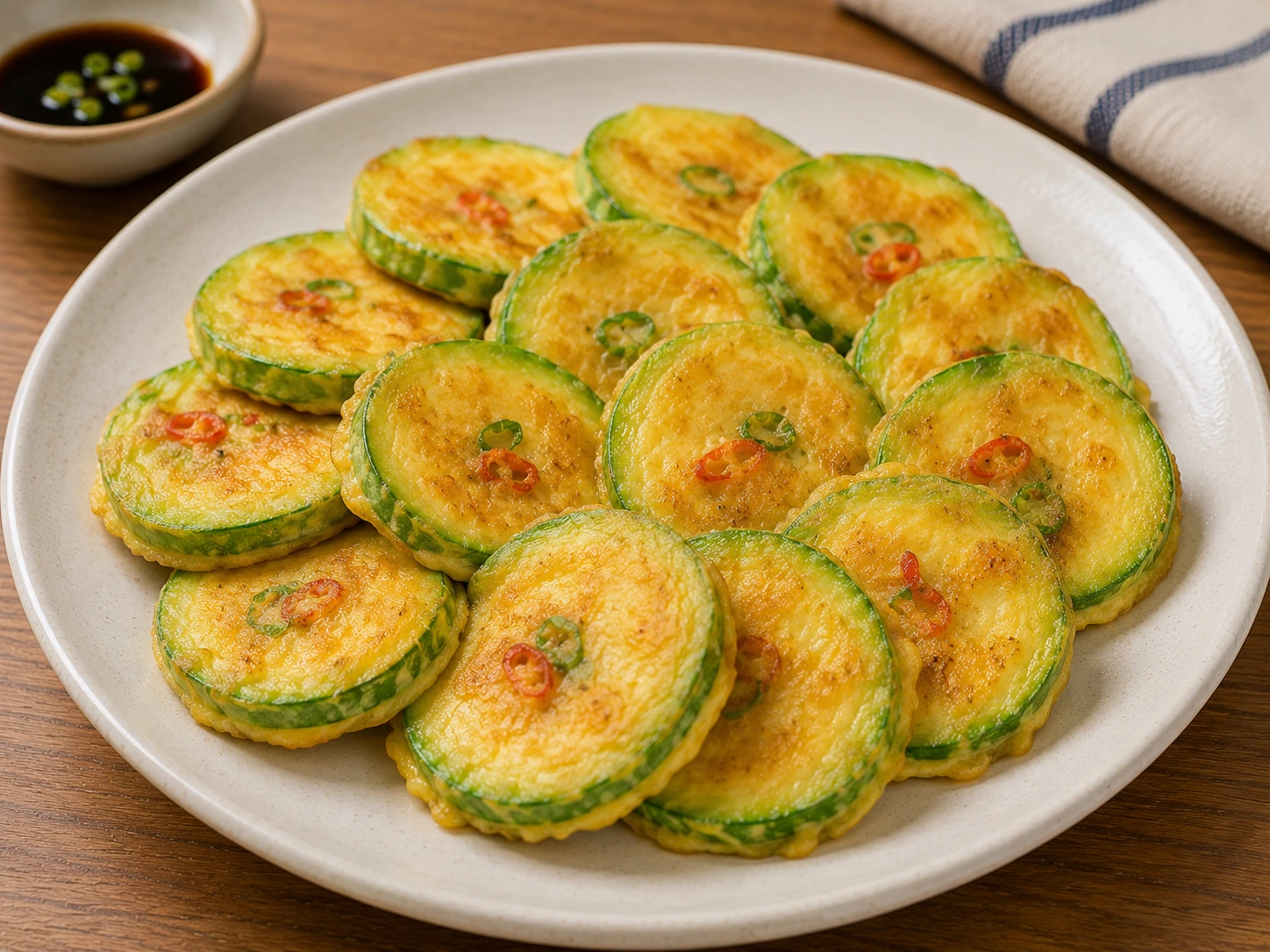 Hobak Jeon, korean zucchini fritters with a golden, crispy exterior