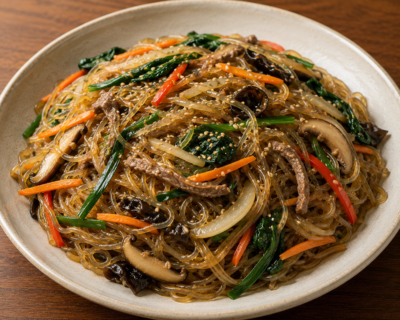 Japchae, korean glass noodles with vegetables served as Korean home cooking