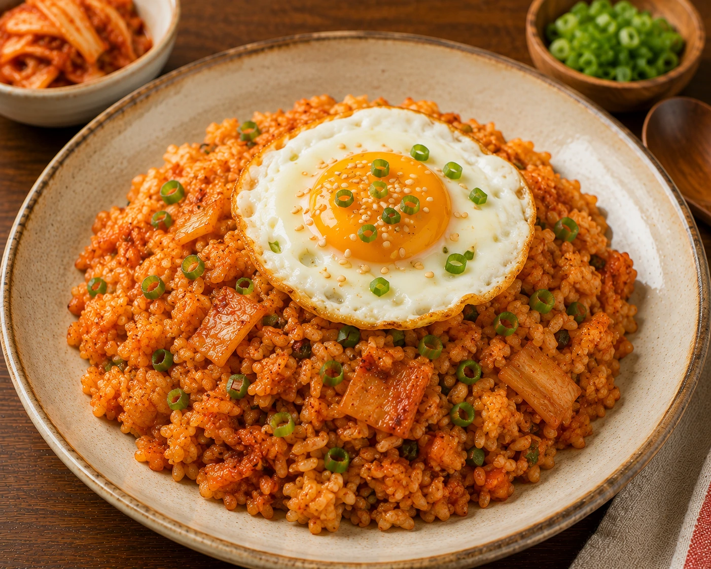 Kimchi Bokkeumbap, kimchi fried rice served as Korean home cooking
