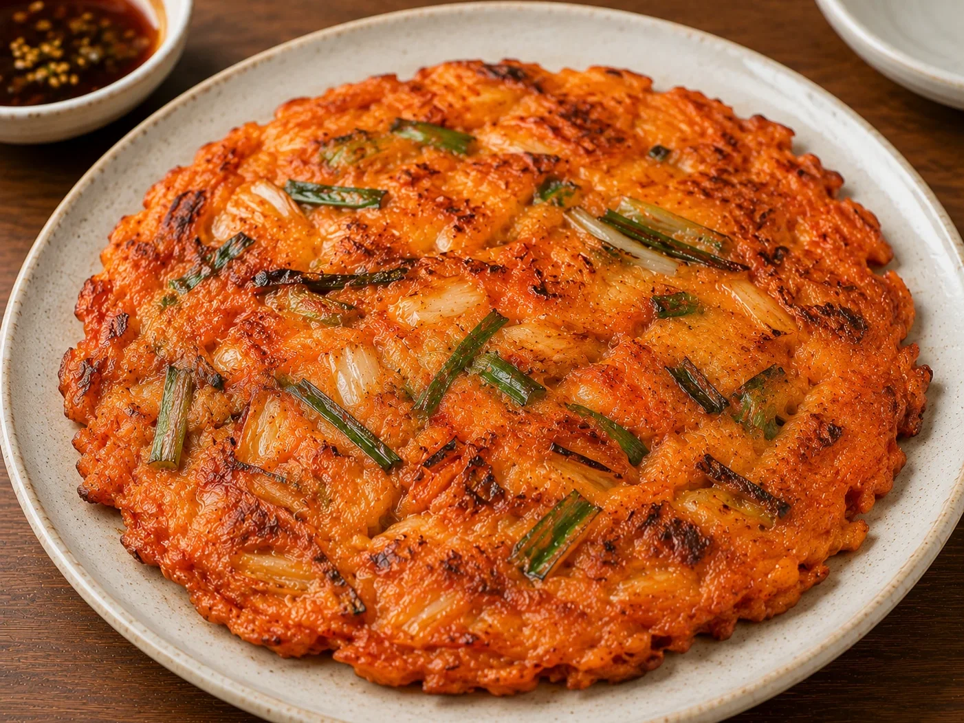 Kimchi Jeon, korean kimchi pancake served as Korean home cooking
