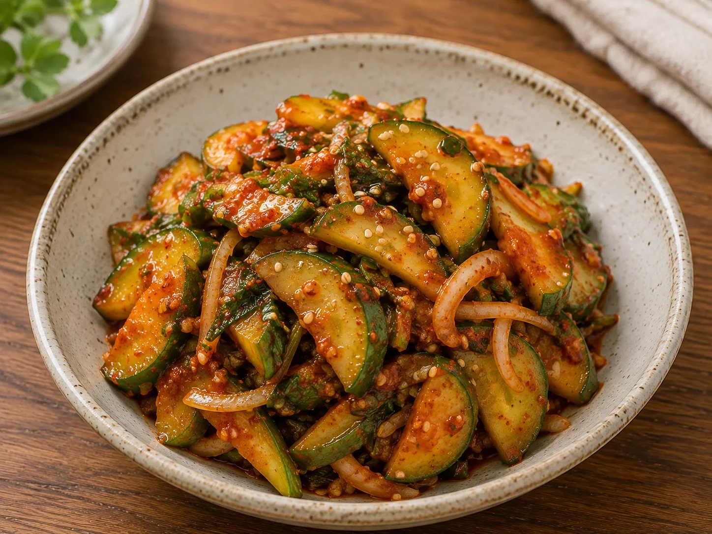 Oi Muchim cucumber salad with red chile seasoning, onion, and sesame seeds in a ceramic bowl