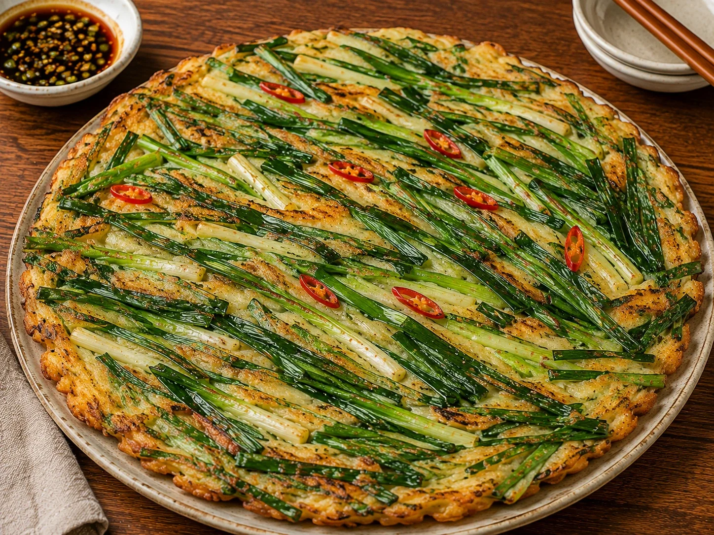 Pajeon green onion pancake with long scallions and sliced red chile on a ceramic plate