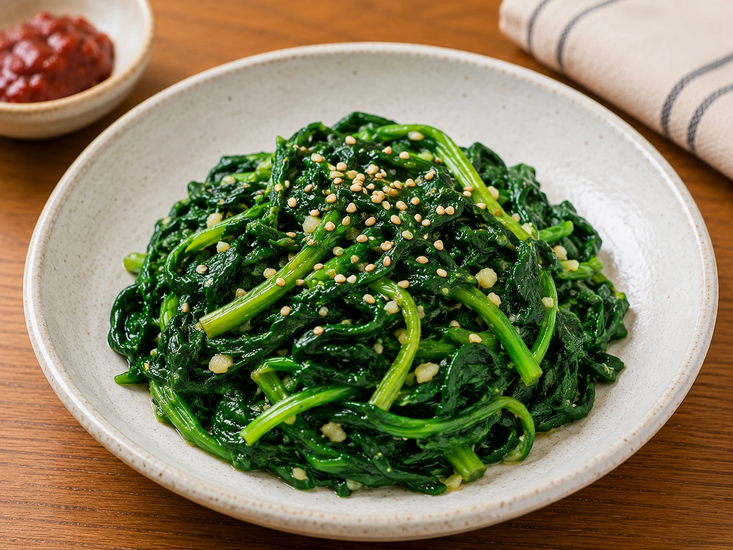 Sigeumchi Namul, korean seasoned spinach with sesame seeds and garlic