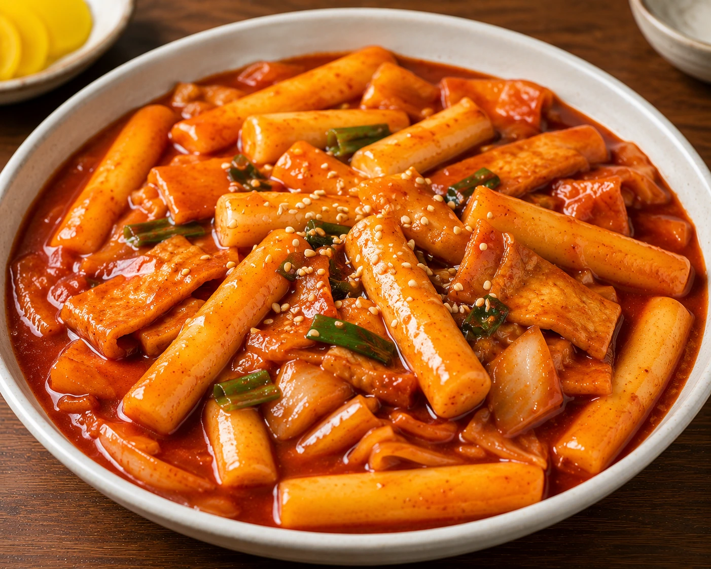 Tteokbokki, spicy korean rice cakes served as Korean home cooking