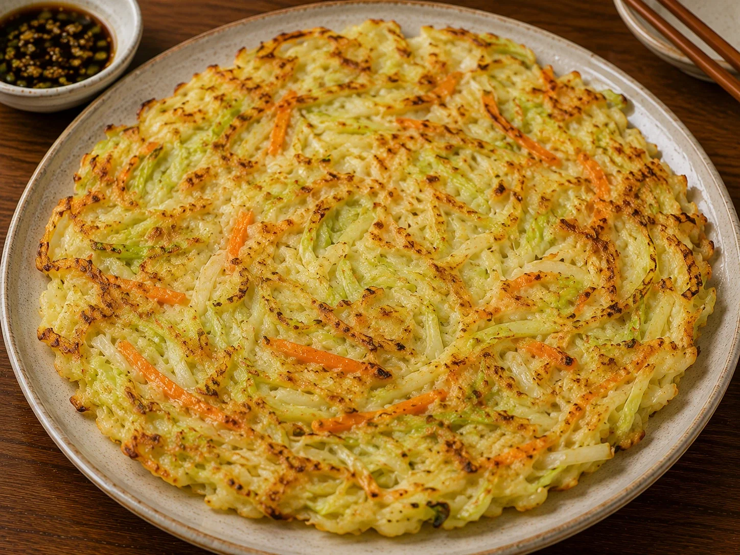Yangbaechu Jeon cabbage pancake with visible shredded cabbage and carrot on a ceramic plate